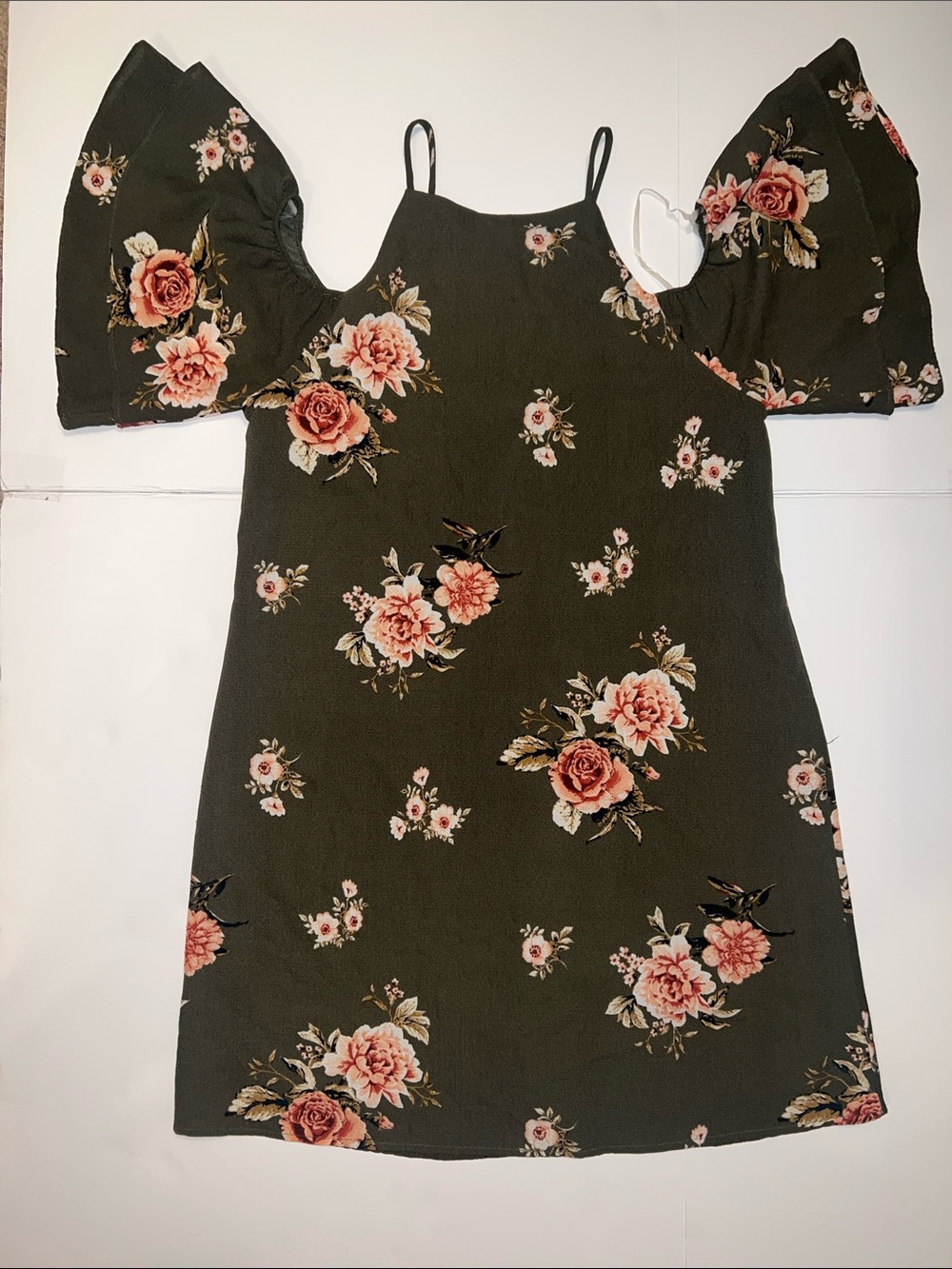 Fall Olive Green Floral Cold-Shoulder Dress